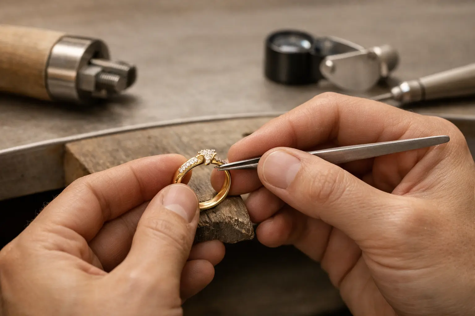 Redora jewelry craftsman hand-setting a diamond solitaire ring at the manufacturing bench in solid 18k gold