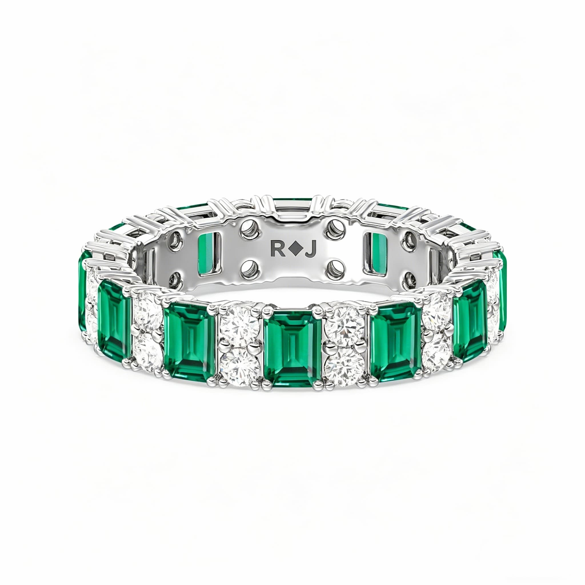 Emerald cut lab emerald and diamond full eternity band in solid 14k white gold
