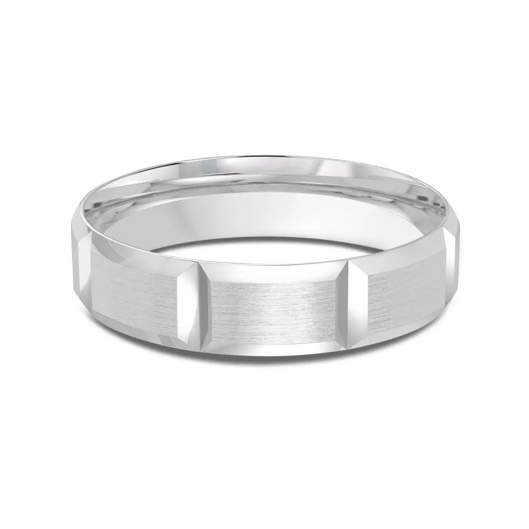 Classic Block Mens wedding band in 18K white gold with block pattern and satin-brushed comfort fit finish