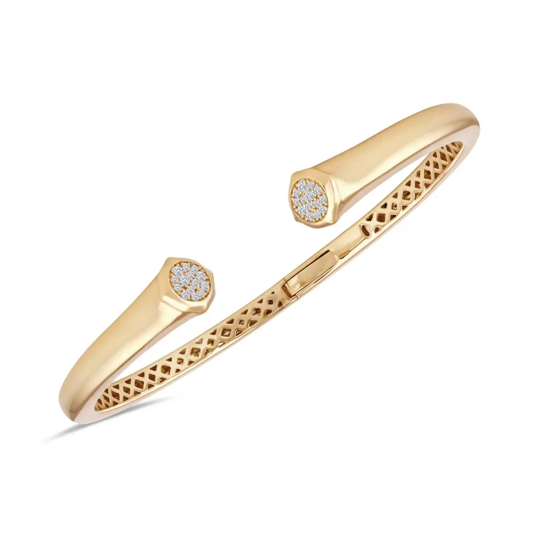 Diamond pave hinged cuff bracelet in 18K yellow gold with octagonal pave end caps
