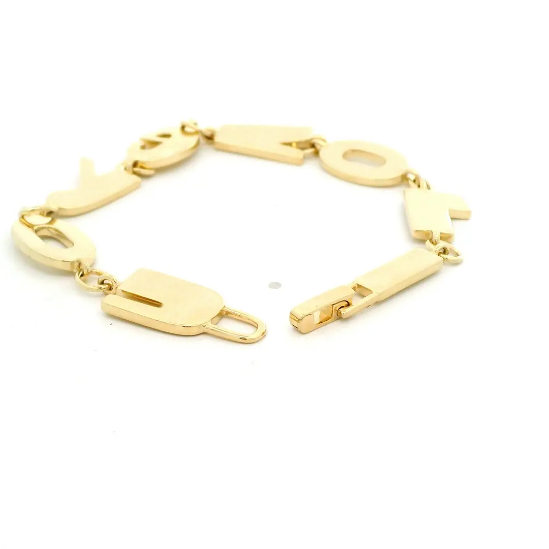 9K solid gold personalized initial link bracelet with alphabet letter charms in yellow gold