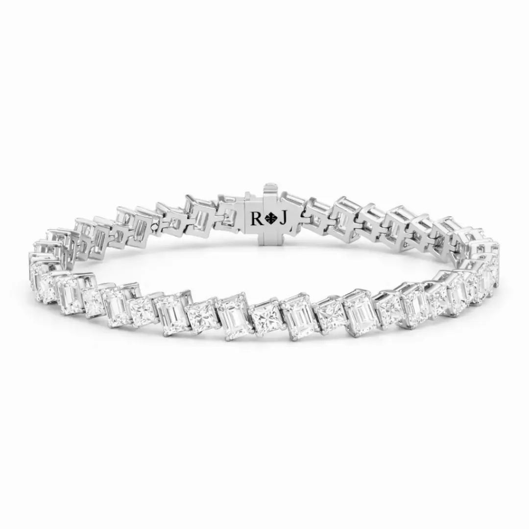 Emerald and princess cut lab diamond tennis bracelet in 18K white gold, herringbone diagonal setting