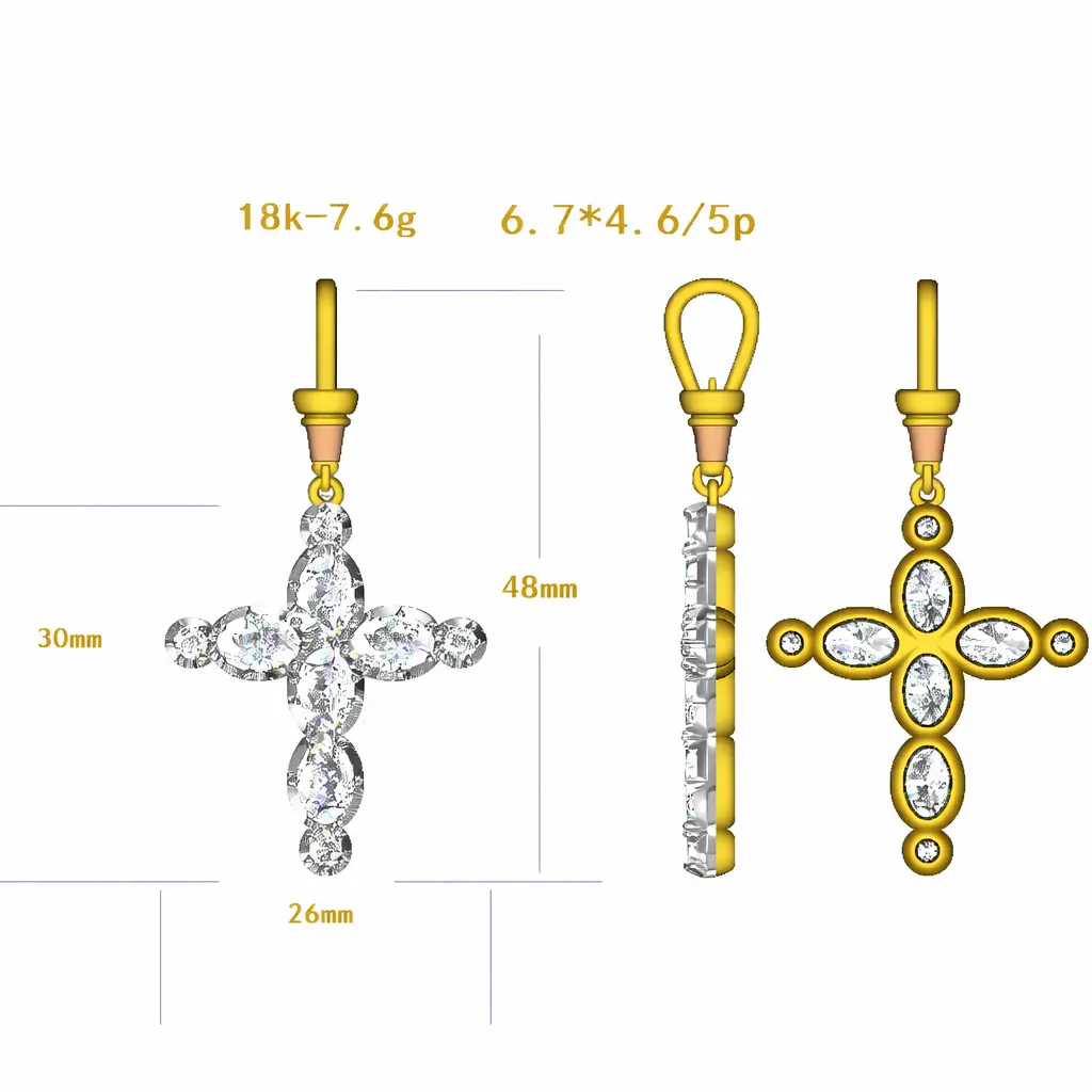 CAD design rendering of diamond cross pendant in solid 18k yellow gold