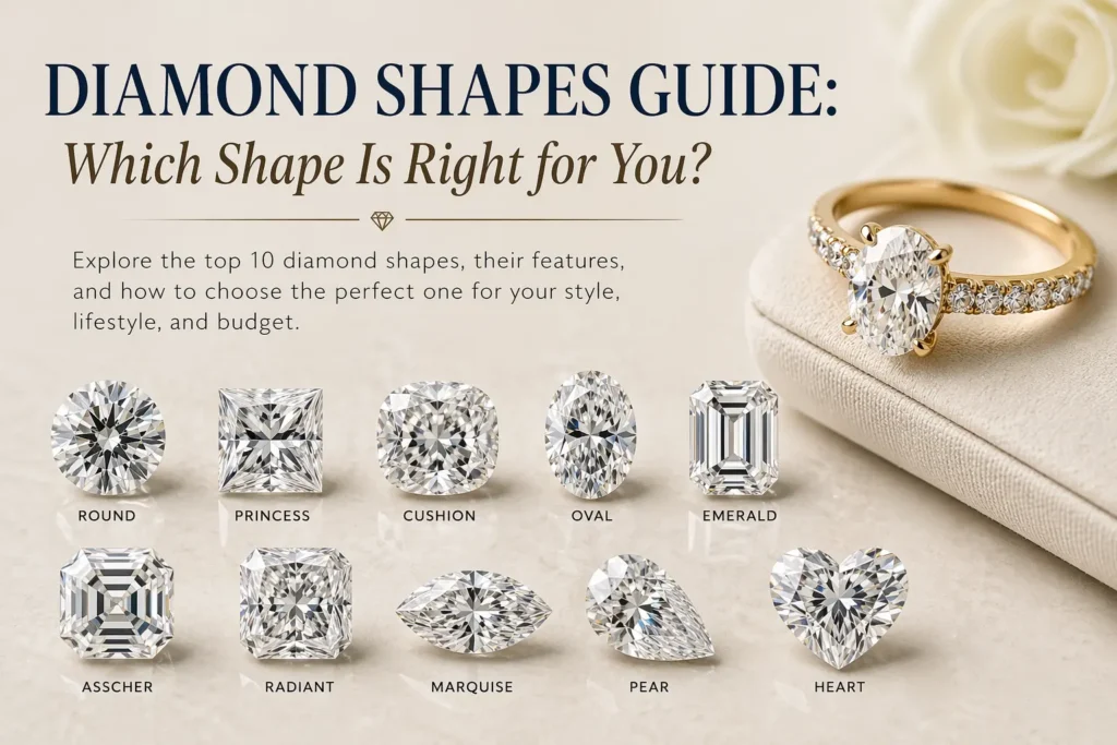Featured image for diamond shapes guide showing popular diamond cuts and an oval diamond ring