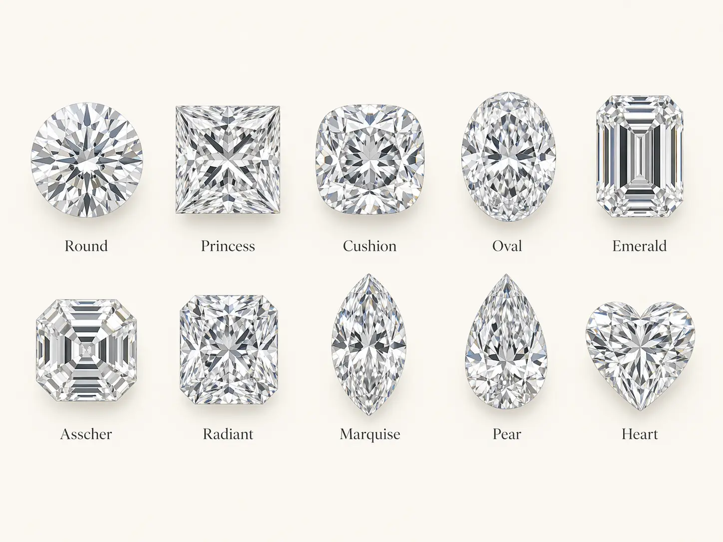 Overview chart showing round, princess, cushion, oval, emerald, asscher, radiant, marquise, pear, and heart diamond shapes from a top view.
