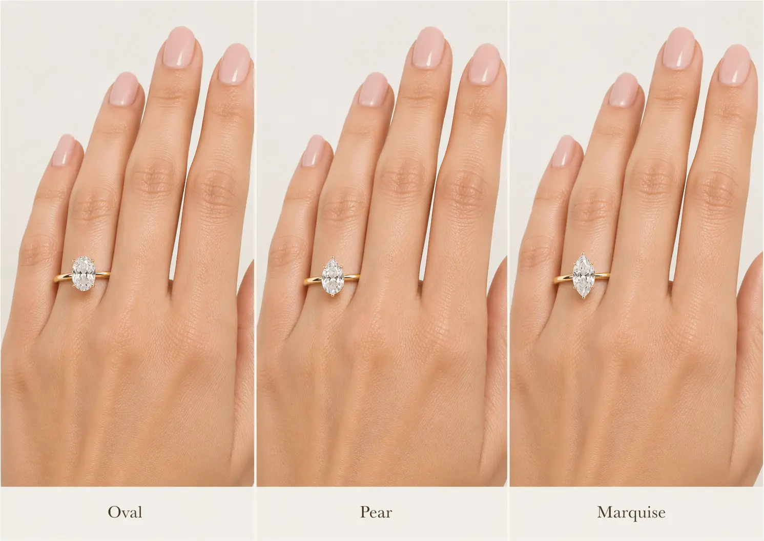 Visual comparison of oval, pear, and marquise diamond rings on the hand, showing how elongated shapes can create a longer finger look.