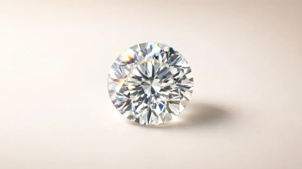 Round brilliant diamond on white surface showing light return and fire, lab grown vs natural diamond comparison