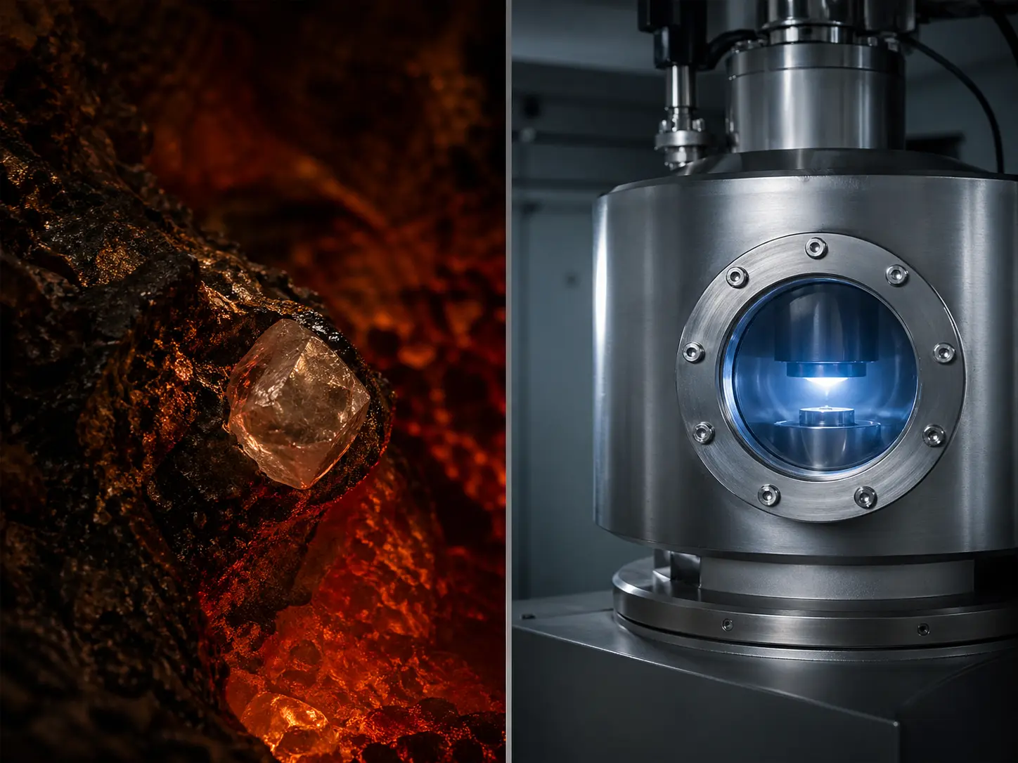 Natural diamond formed in earth's mantle on the left, CVD lab diamond growth chamber on the right