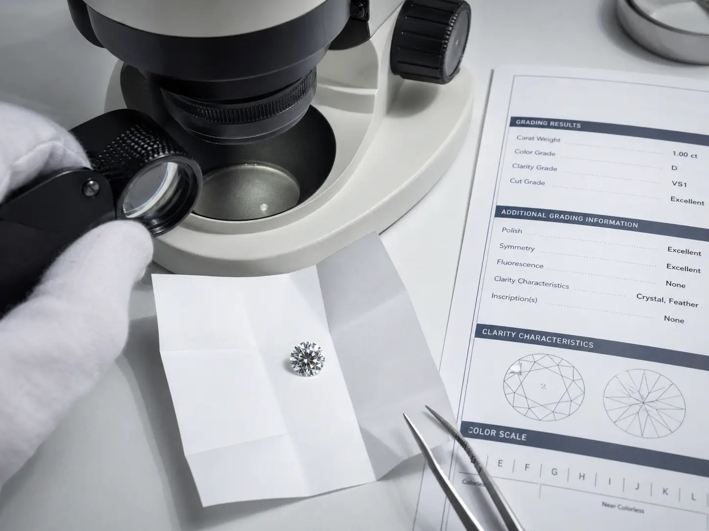 Diamond grading examination under professional loupe with GIA grading report on gemologist workstation