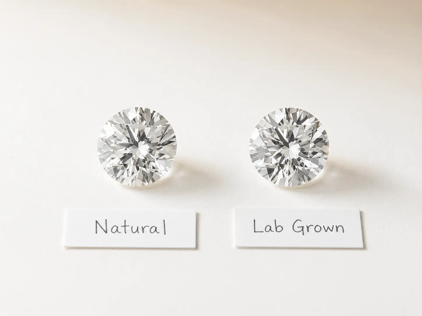 Lab grown diamond and natural diamond side by side on white surface showing identical appearance