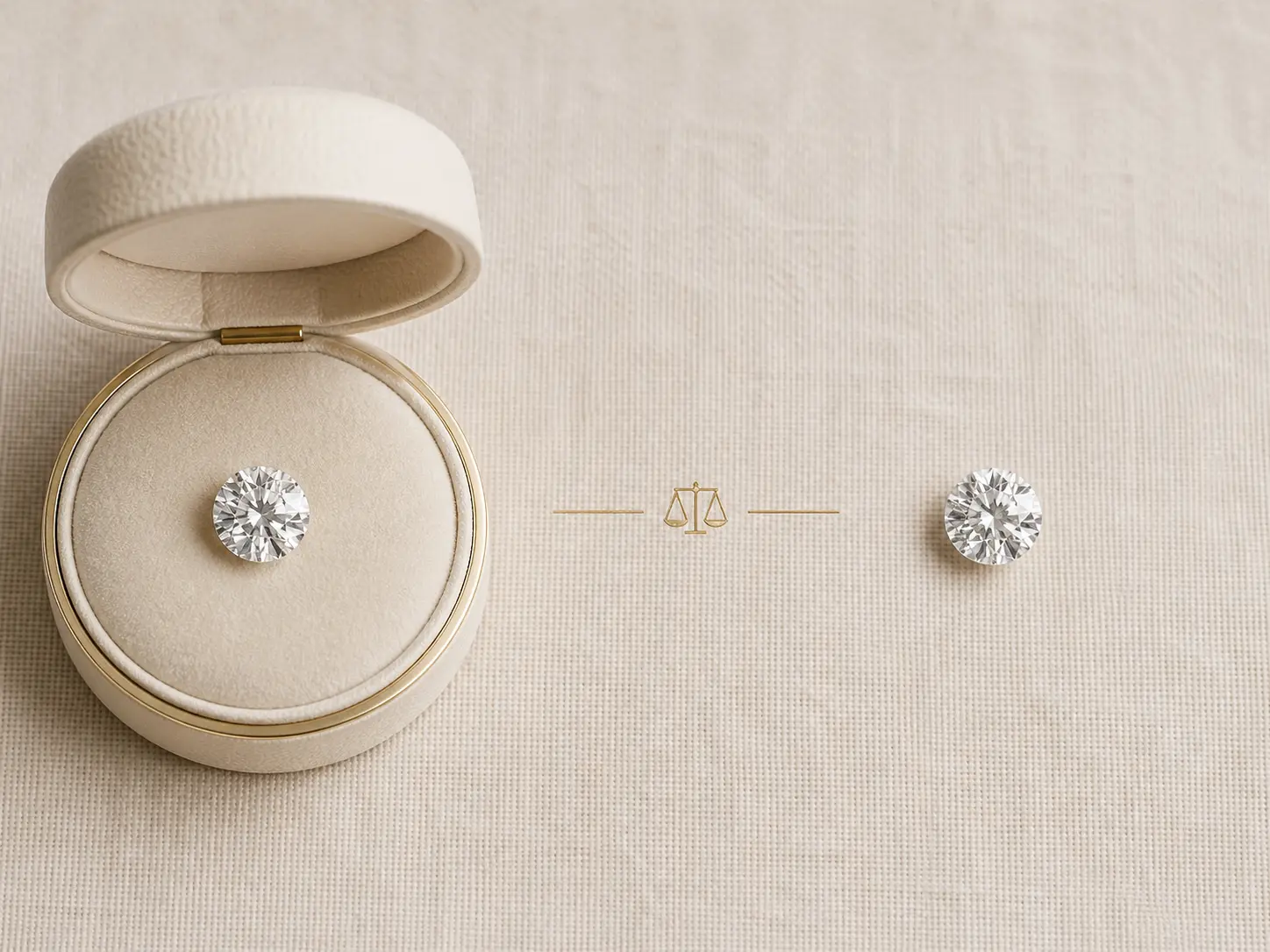 Two round brilliant diamonds of equal size comparing natural versus lab grown value on cream linen surface