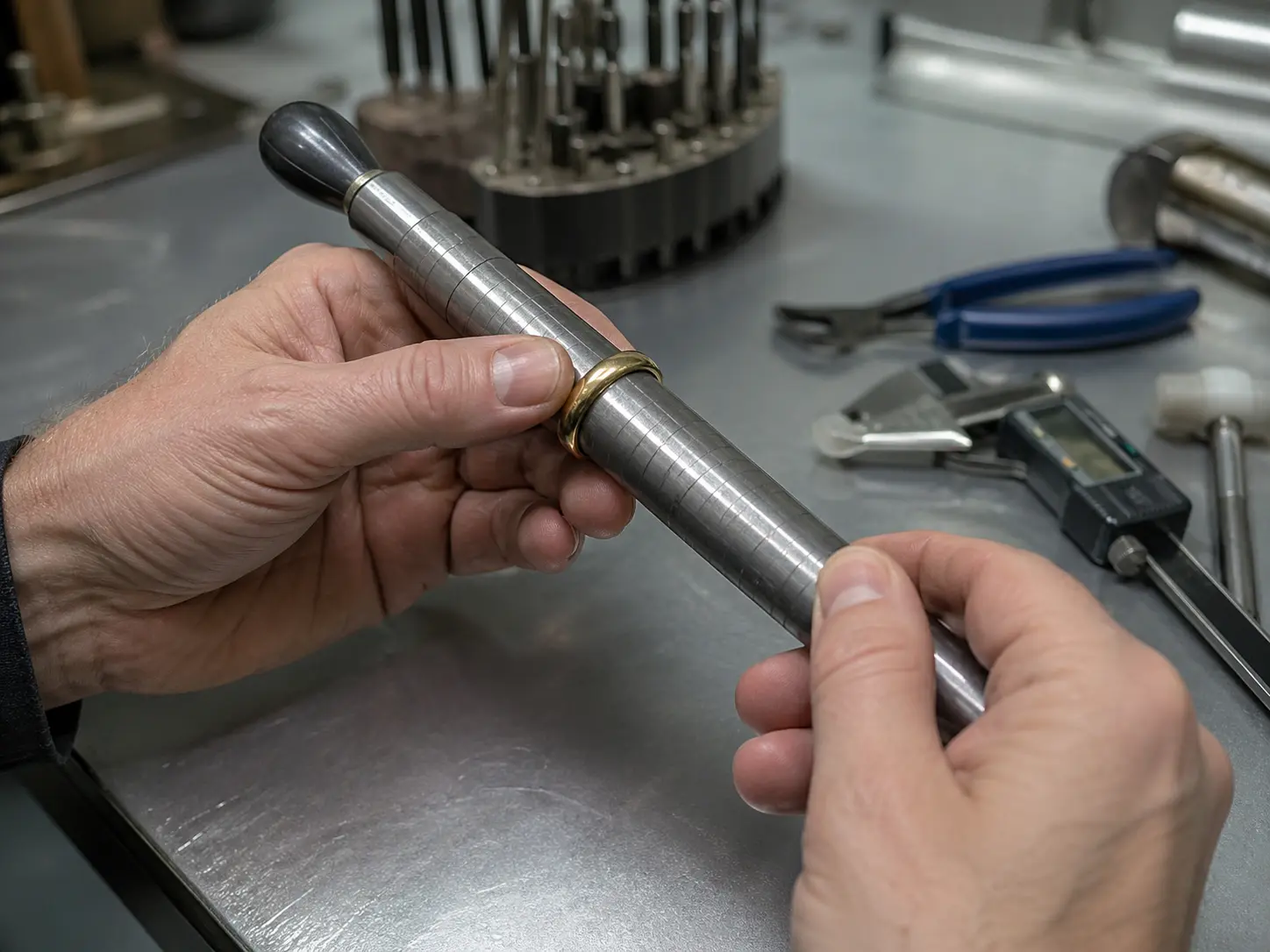 Jewelry manufacturer verifying ring size on mandrel at production workbench ensuring accuracy for custom made to order ring