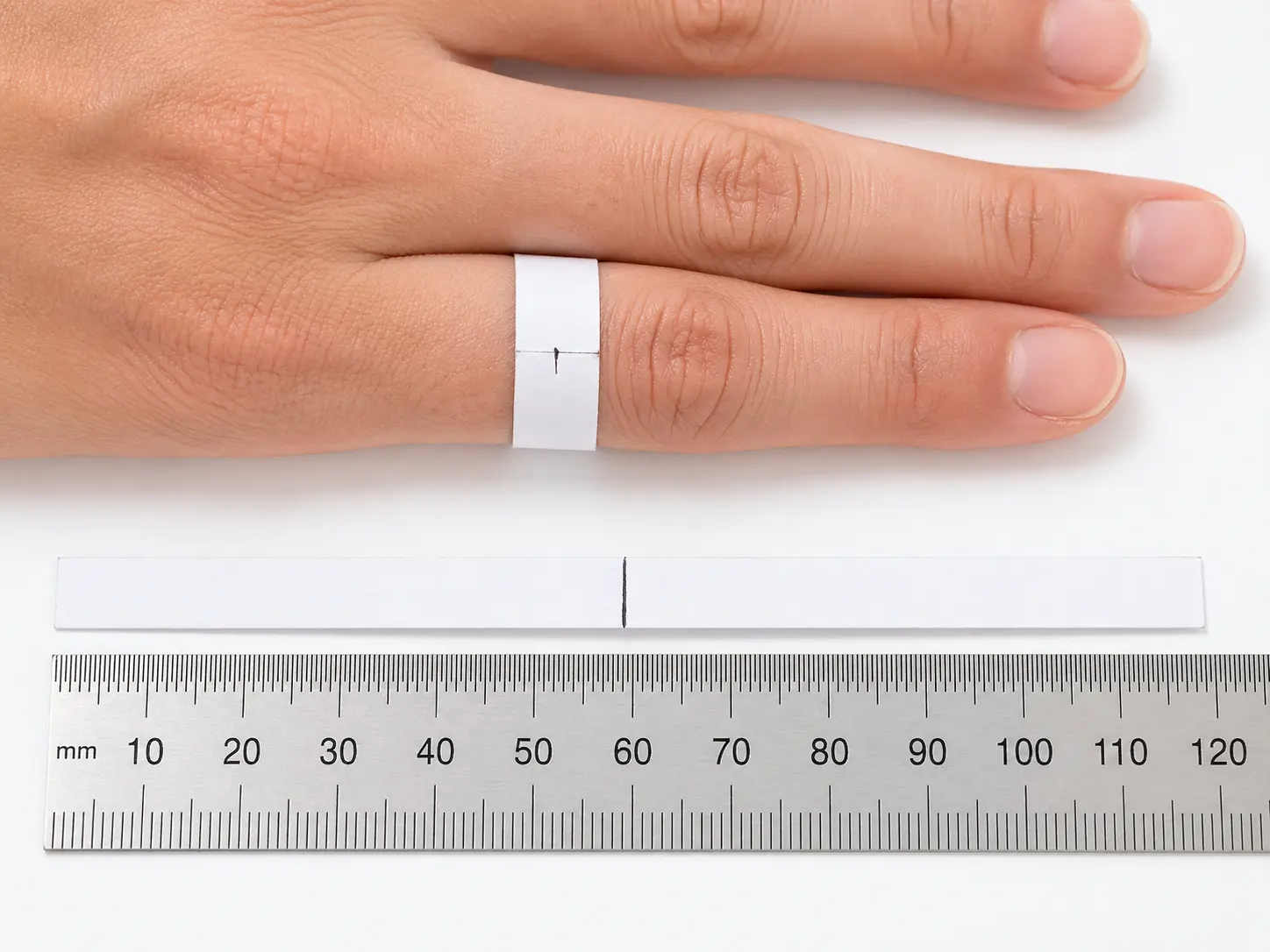 Paper strip wrapped around ring finger base with overlap marked by pen, laid flat beside millimeter ruler to measure circumference for ring sizing