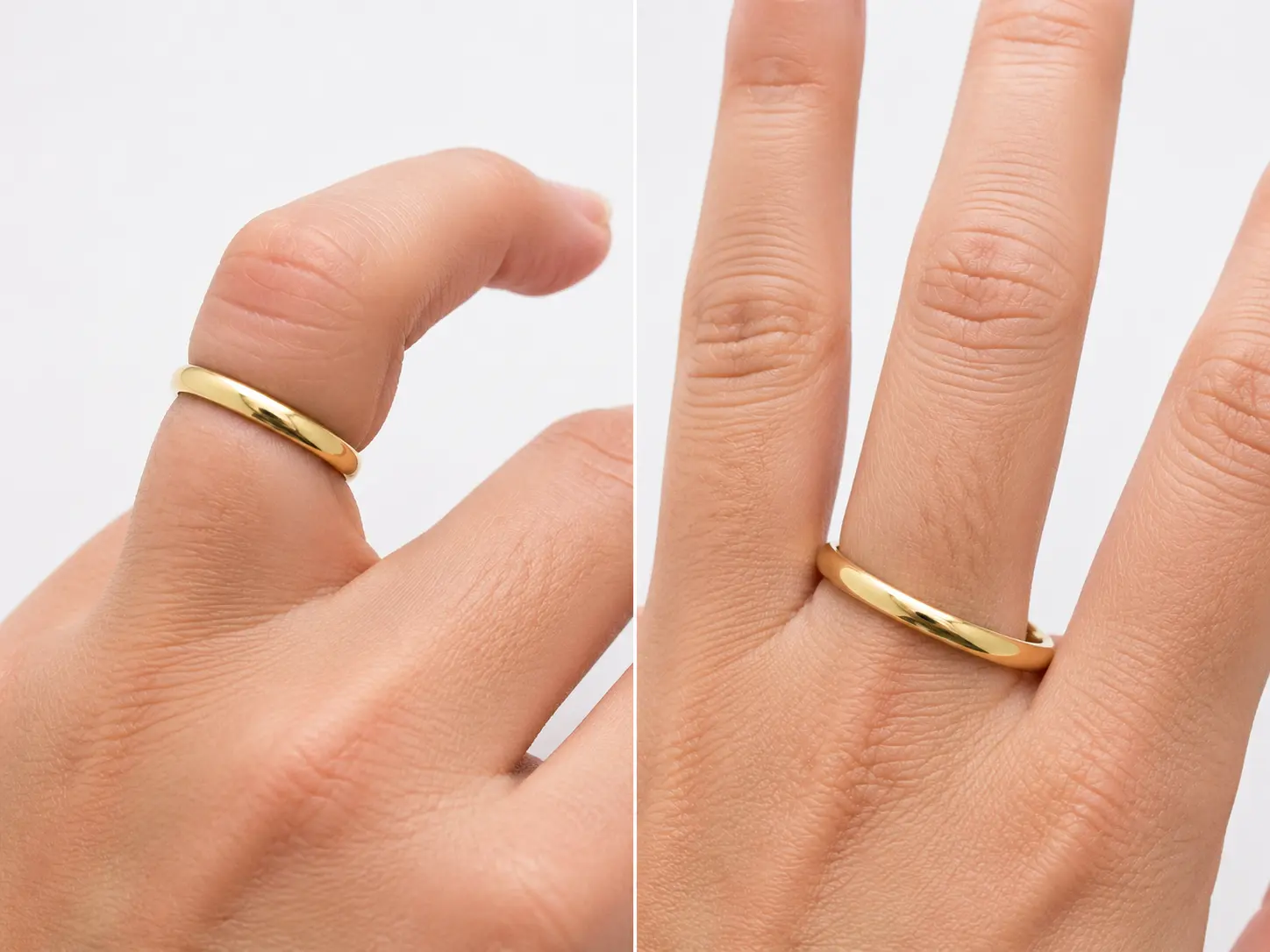 Side-by-side comparison showing a ring unable to pass the knuckle on the left and a ring spinning loose at the finger base on the right