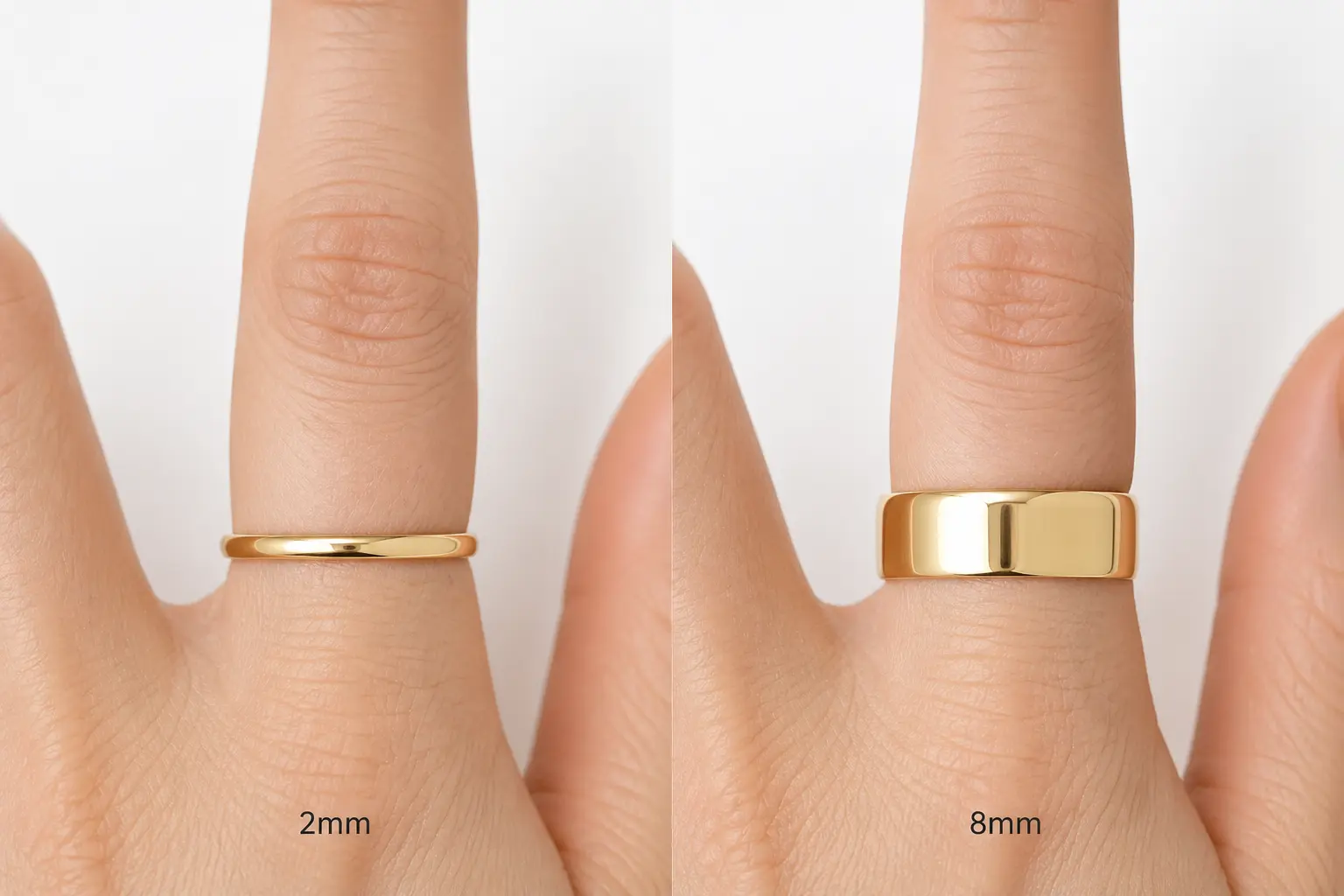 Narrow 2mm gold band versus wide 8mm gold band worn on finger at identical ring size showing how wider bands grip more skin and feel tighter