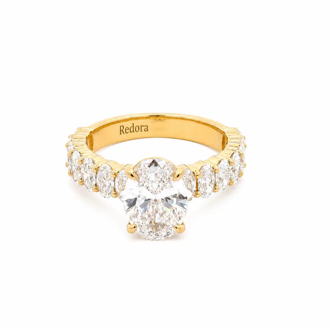 oval lab grown diamond engagement ring in 18k yellow gold, 3.08 carat oval center with graduated oval side stones