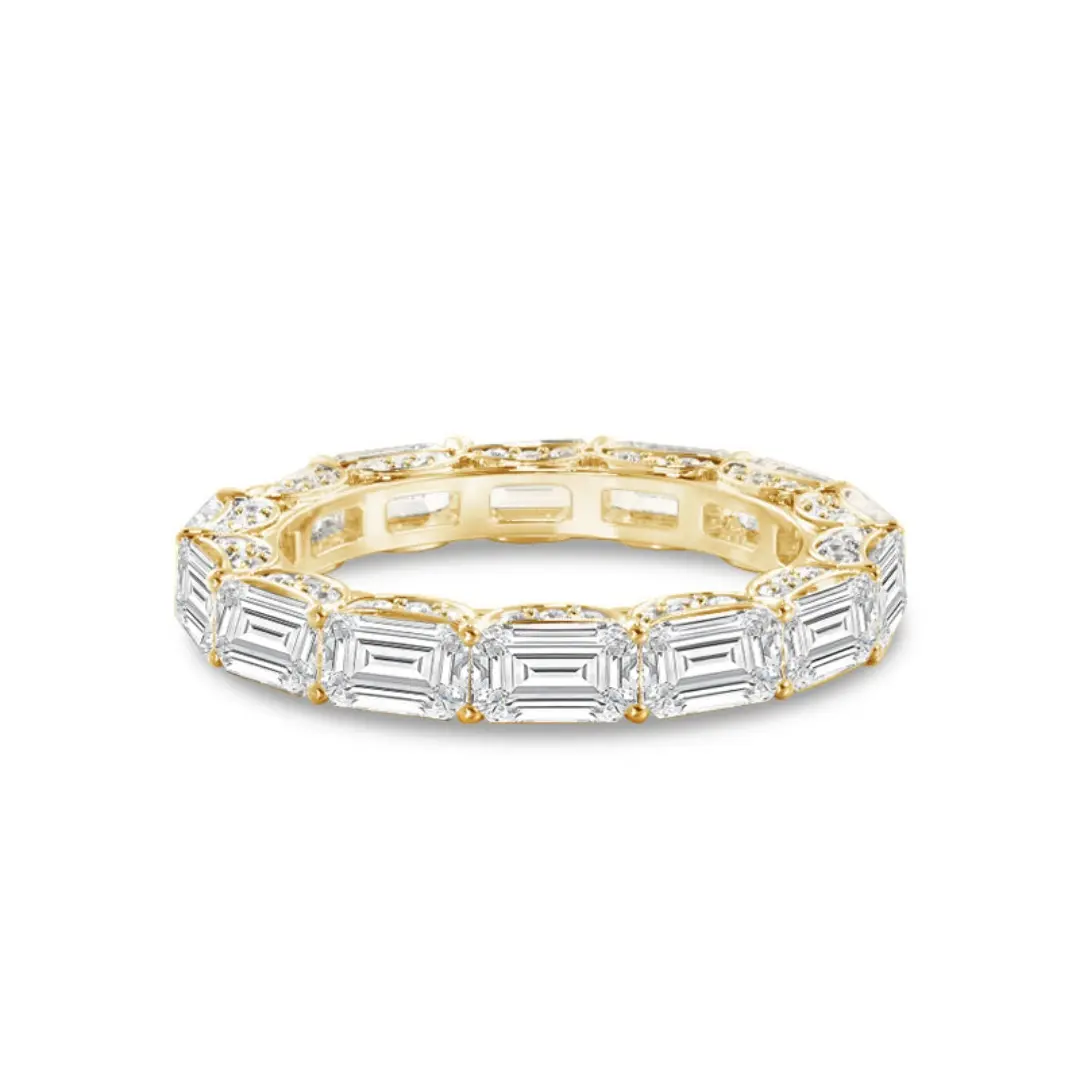 the east-west sash-set emerald cut diamond eternity ring in 18k rose gold, full band of emerald-cut lab diamonds