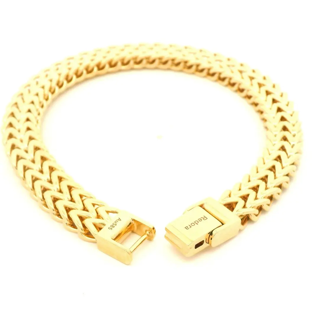 mens curb chain bracelet in 18k solid yellow gold, double-link franco weave with push-button box clasp
