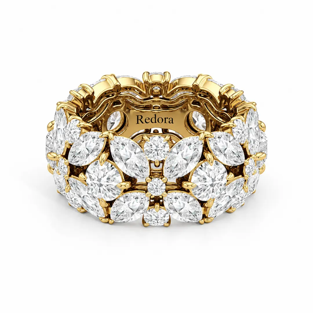 Lab grown diamond dome ring in 18K yellow gold with marquise petal clusters and round diamond centers