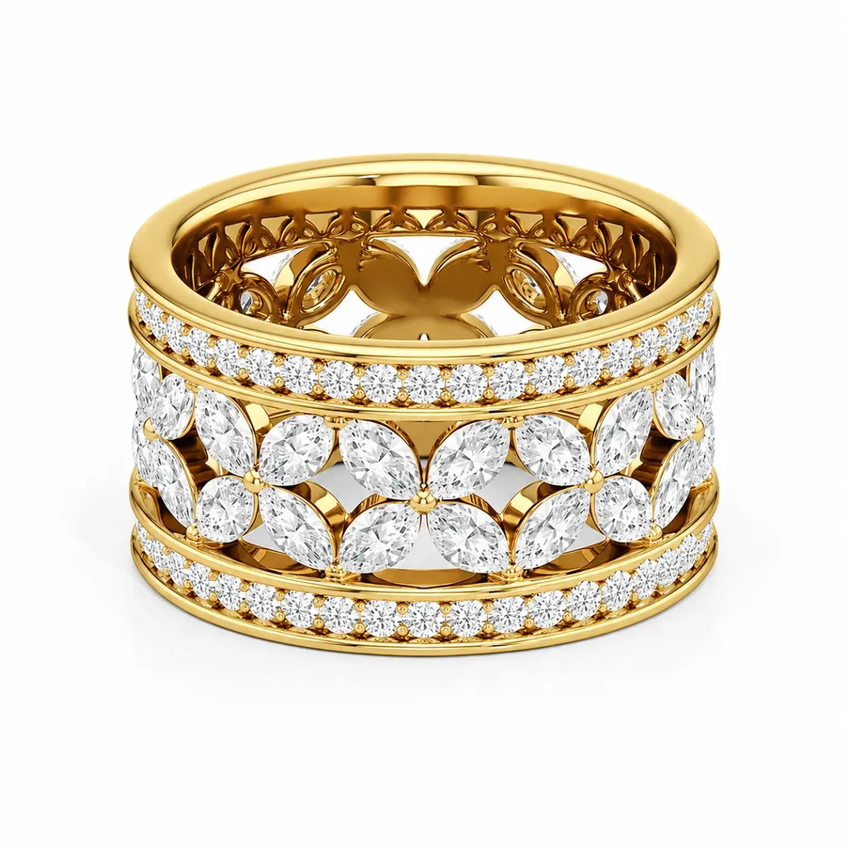 Floral lab grown diamond wide band ring in 18K rose gold with marquise flower motifs and round diamond borders