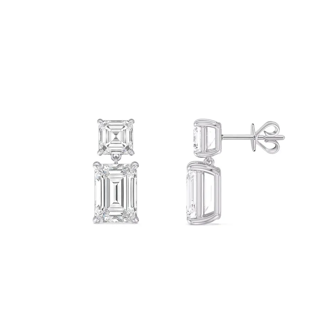 18K white gold emerald cut lab diamond drop earrings with asscher cut stud and emerald cut drop, pair view