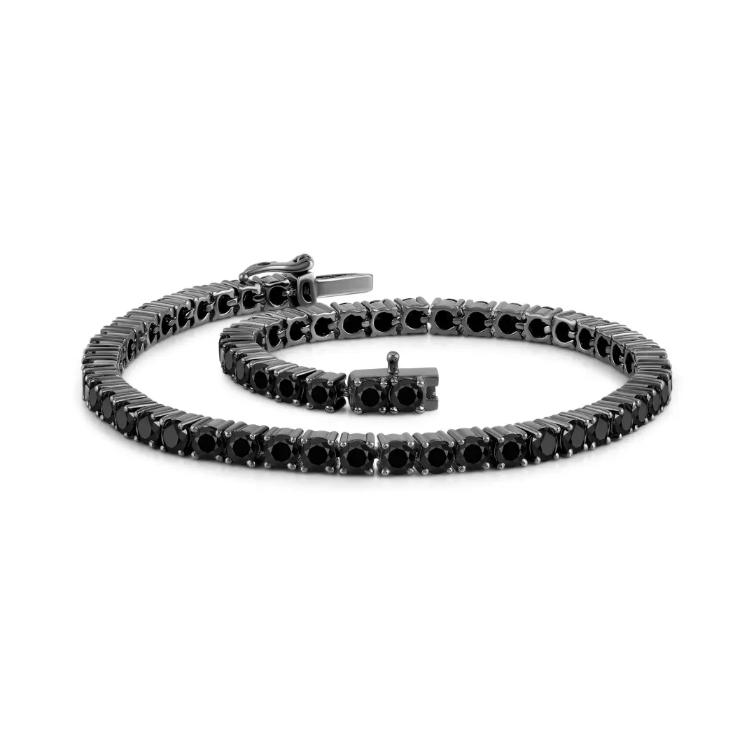 black diamond tennis bracelet in 18k white gold with black rhodium plating, round natural diamonds in four-prong setting
