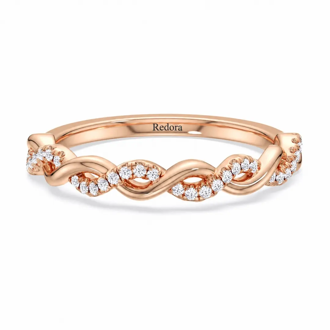 twisted diamond wedding band in 18k rose gold with 34 round lab diamonds pave set along a braided strand