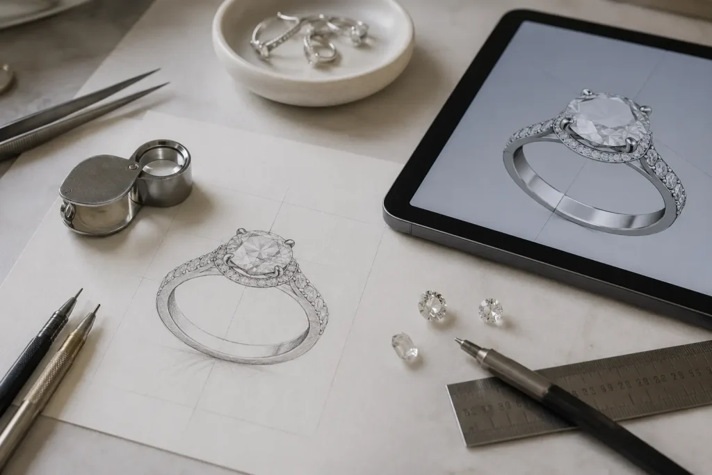 CAD custom jewelry design shown beside a diamond ring sketch