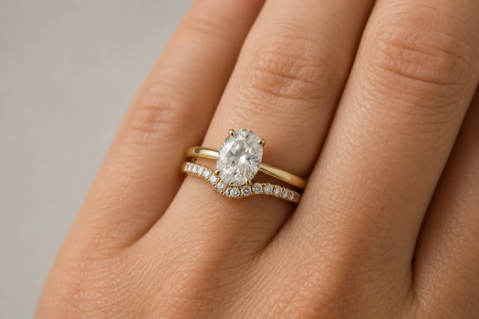 Contoured wedding band fitted against an engagement ring