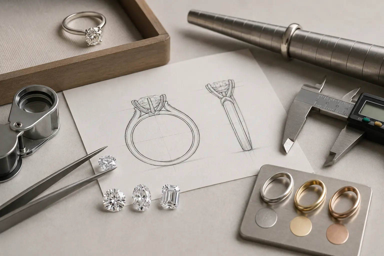 Different diamond shapes arranged for a custom ring design comparison