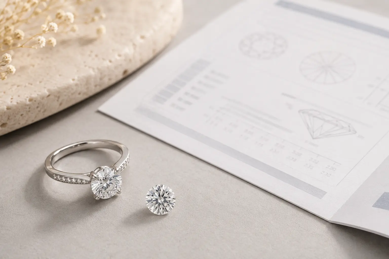 Lab grown diamond grading report beside a finished ring