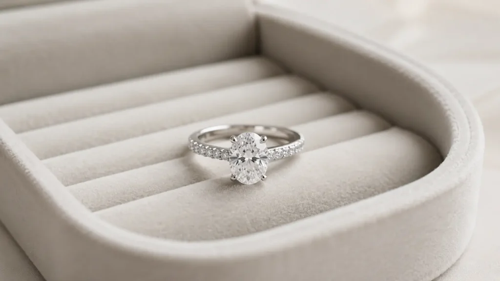 Lab grown diamond engagement ring on a neutral jewelry tray