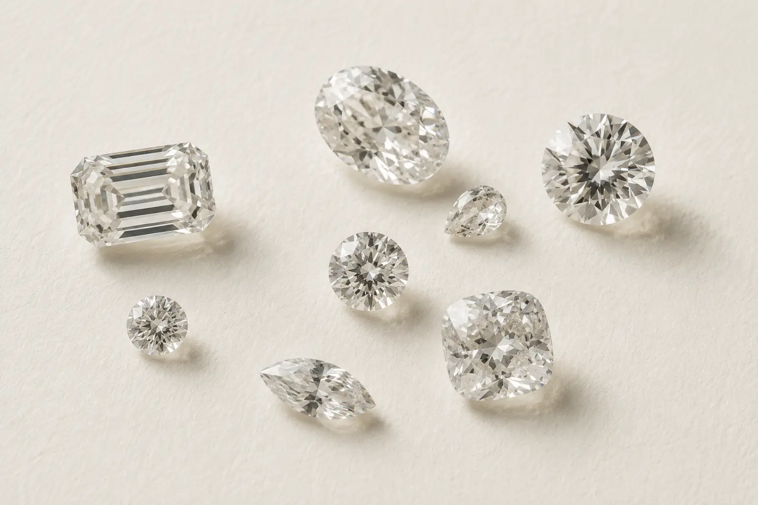 Loose diamonds showing clarity characteristics and facet structure under soft light