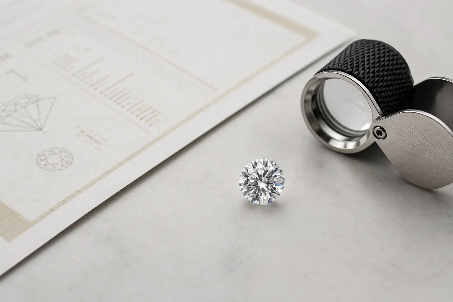 Loose lab grown diamond beside a grading report and jeweler's loupe