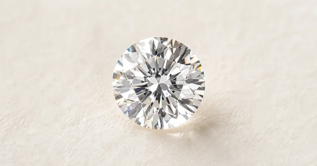 Close-up of a loose round brilliant diamond resting on a neutral surface, showing light reflection and brilliance, illustrating diamond buying guide concepts