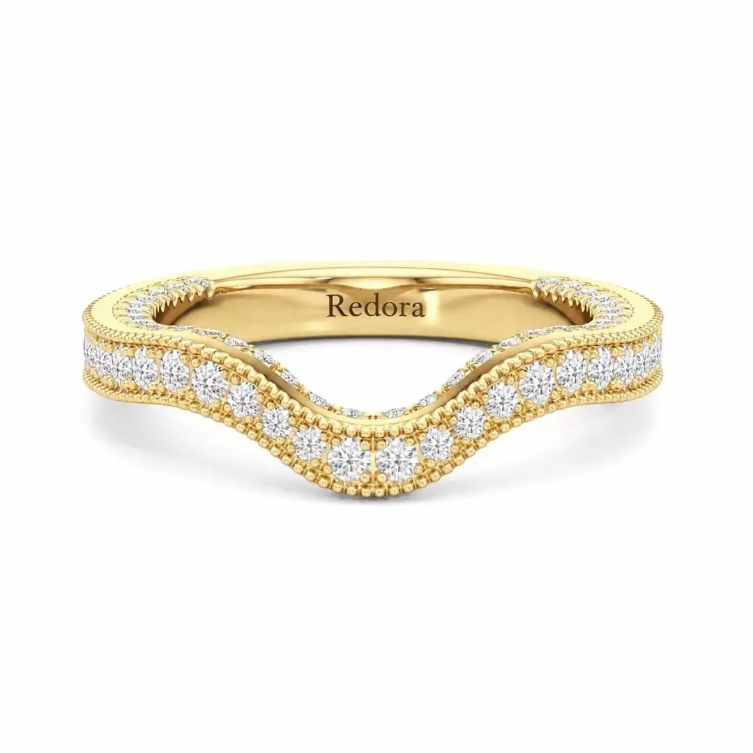 curved diamond wedding band in 18k yellow gold with shared-prong round diamonds and milgrain edges, redora engraved inside