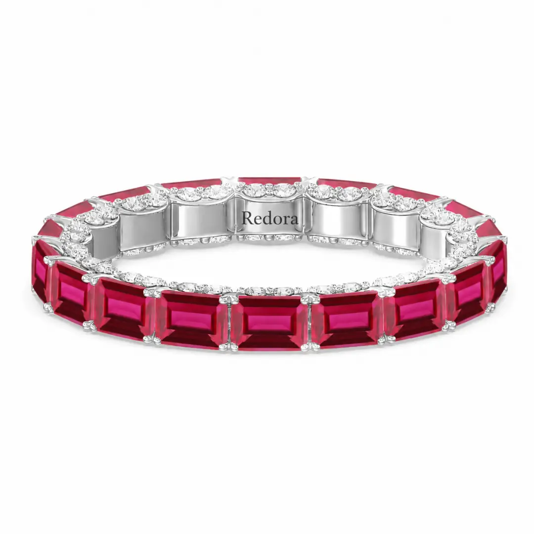 created ruby and round diamond eternity ring in 18k white gold, east-west emerald-cut rubies with studded gallery
