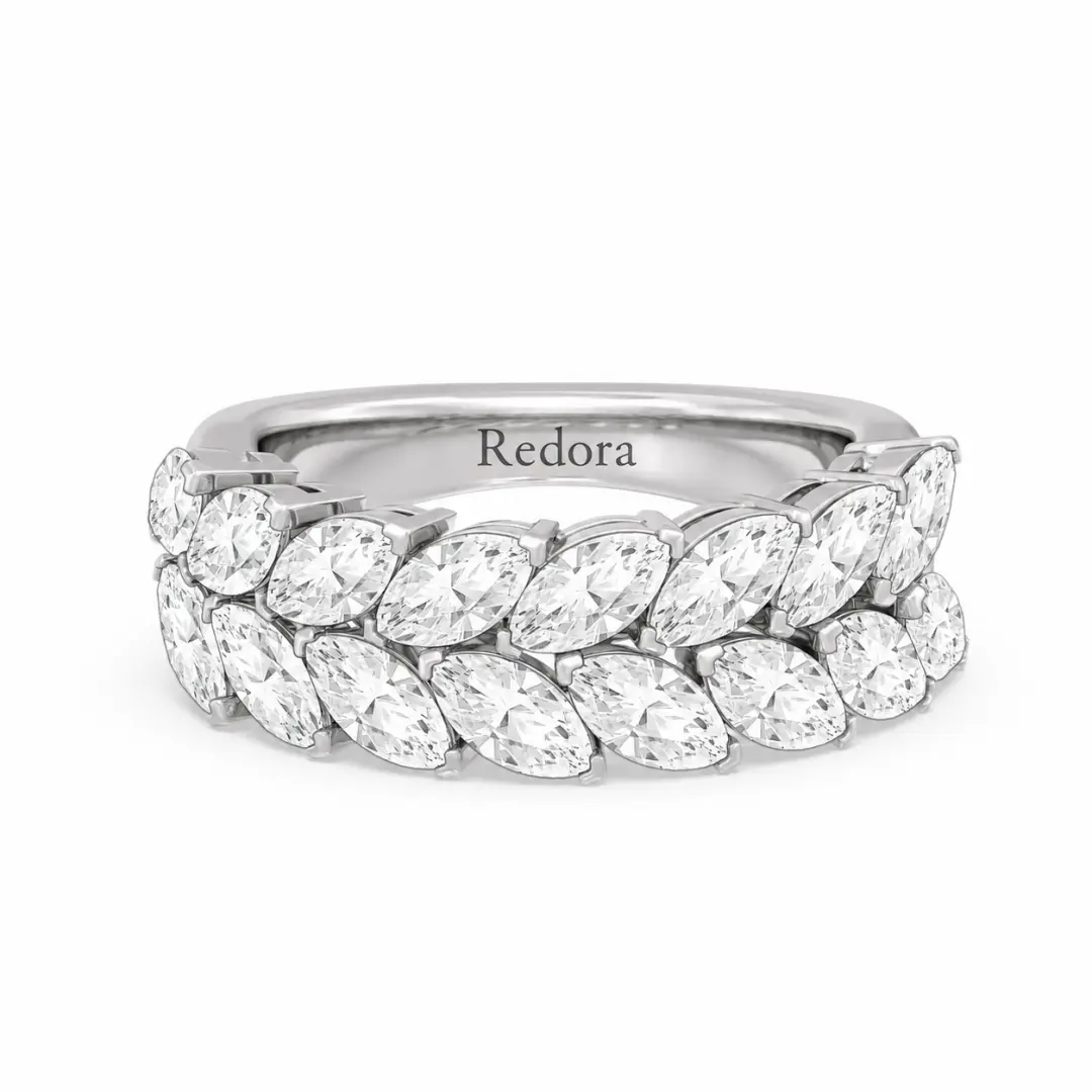 18K white gold natural marquise diamond eternity band with wheat pattern front view