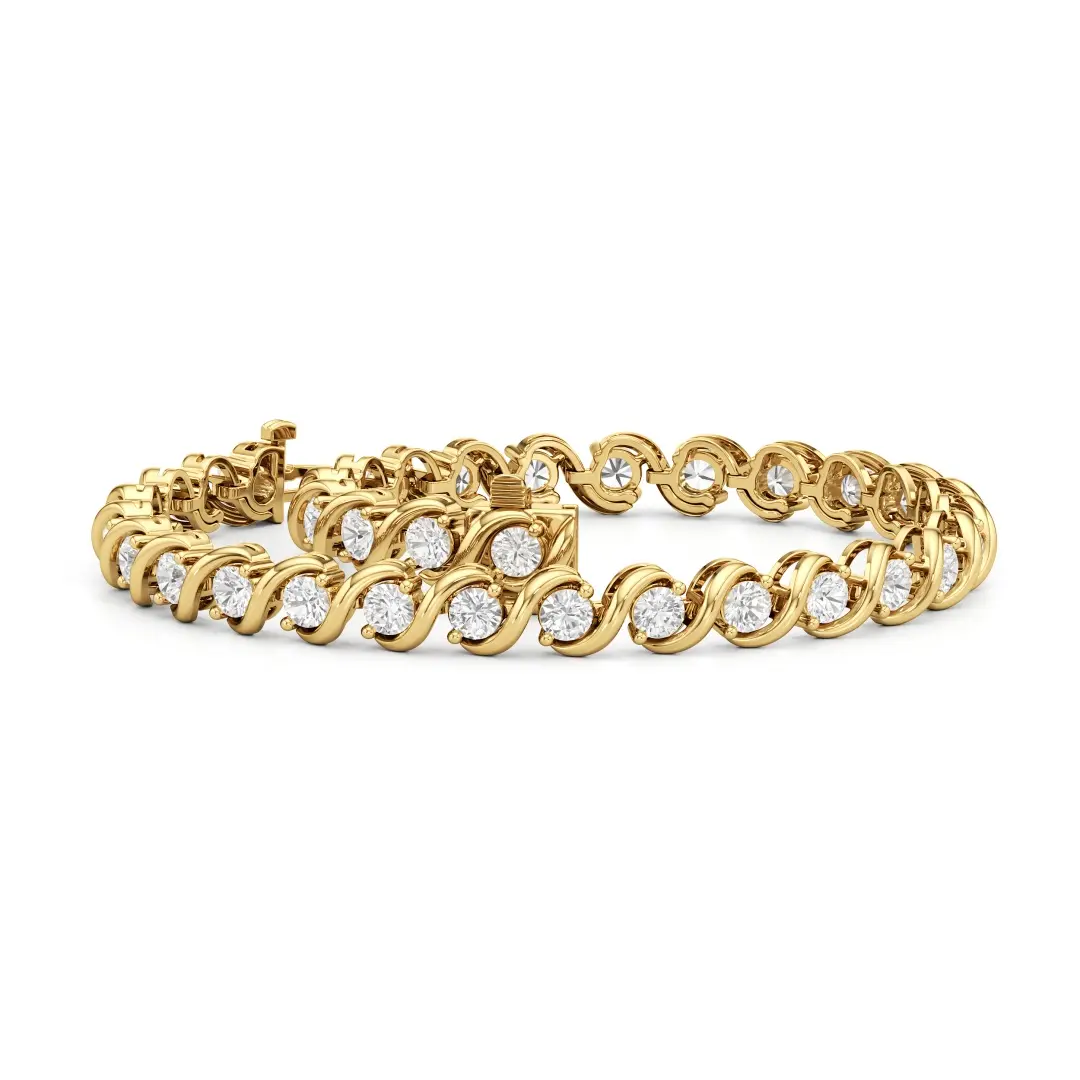 spiral tennis bracelet in 18k yellow gold with 29 round lab grown diamonds and s-shaped links