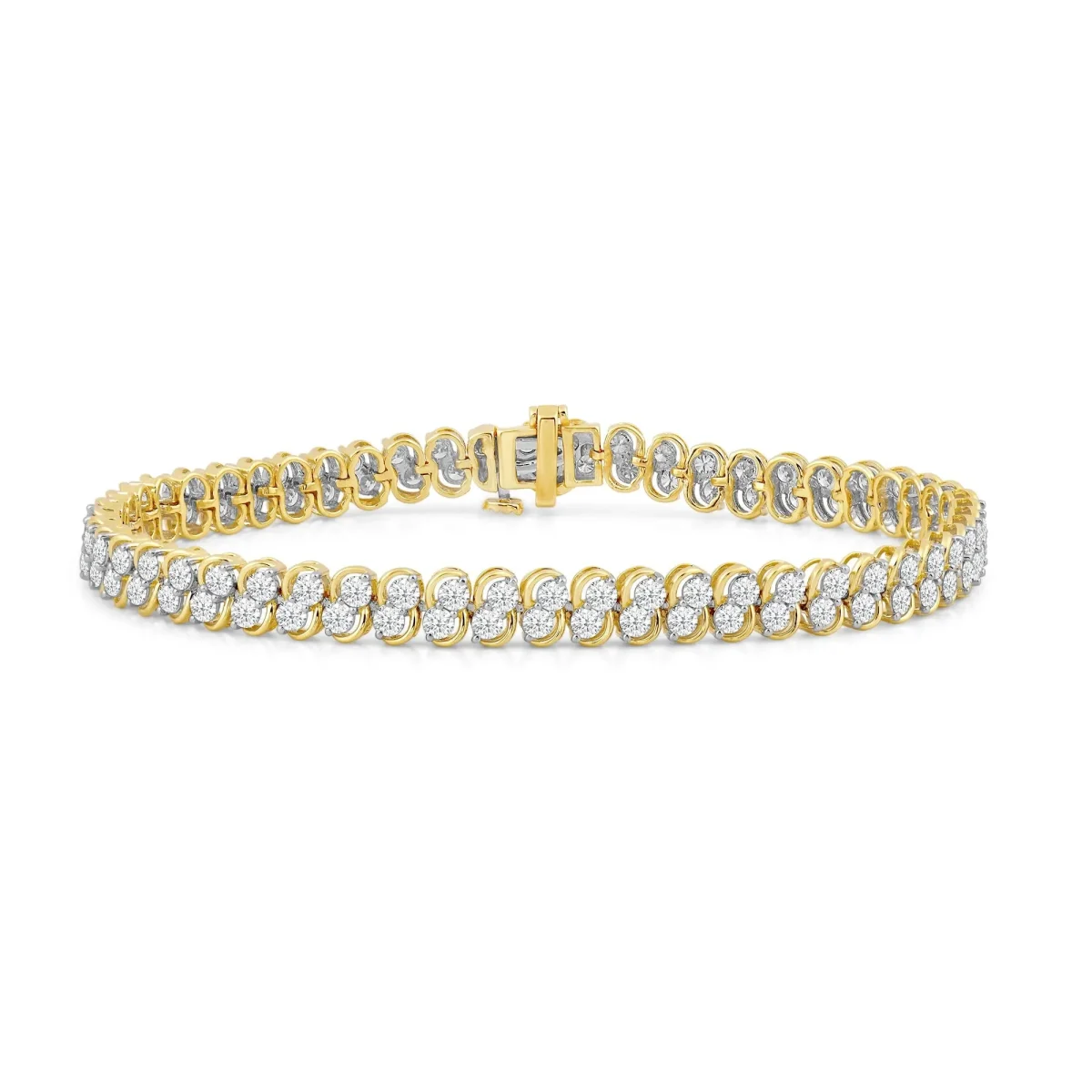 18k yellow gold two row diamond tennis bracelet with box clasp, full view