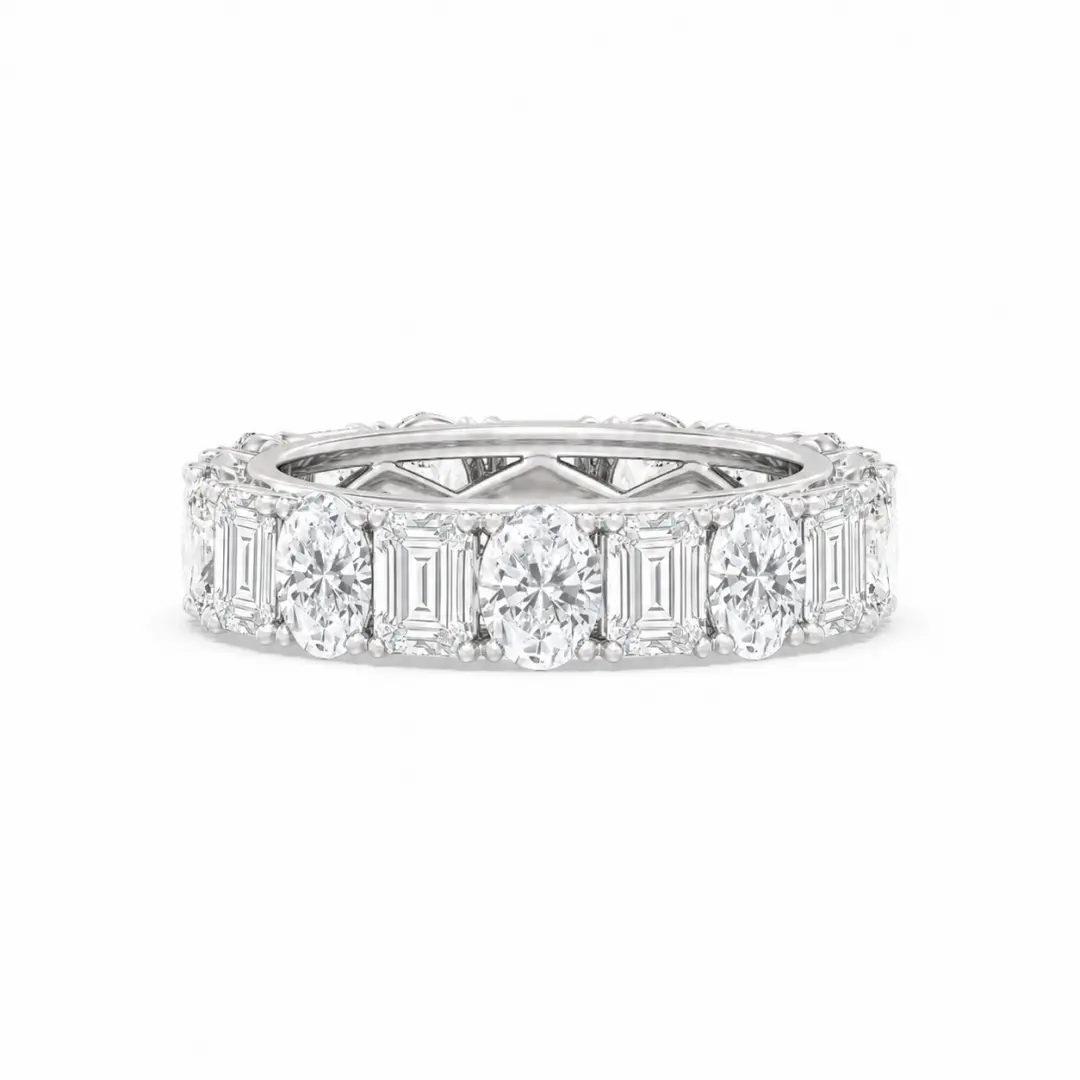 18K Pure Gold Eternity Band With Lab Grown Diamonds, front view showing alternating emerald and oval diamonds