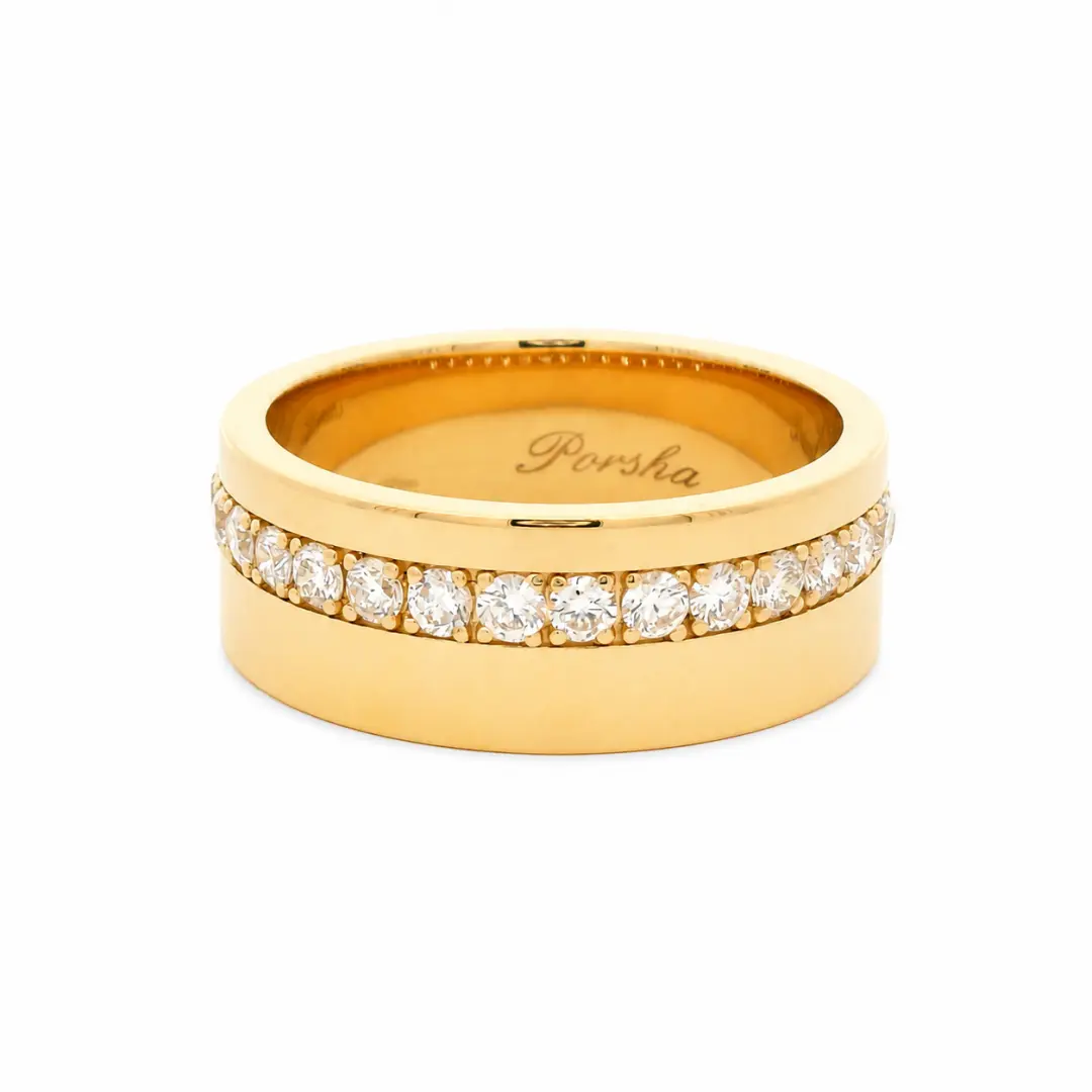 mens lab grown diamond ring in 18k yellow gold, 8mm band with a single row of round diamonds