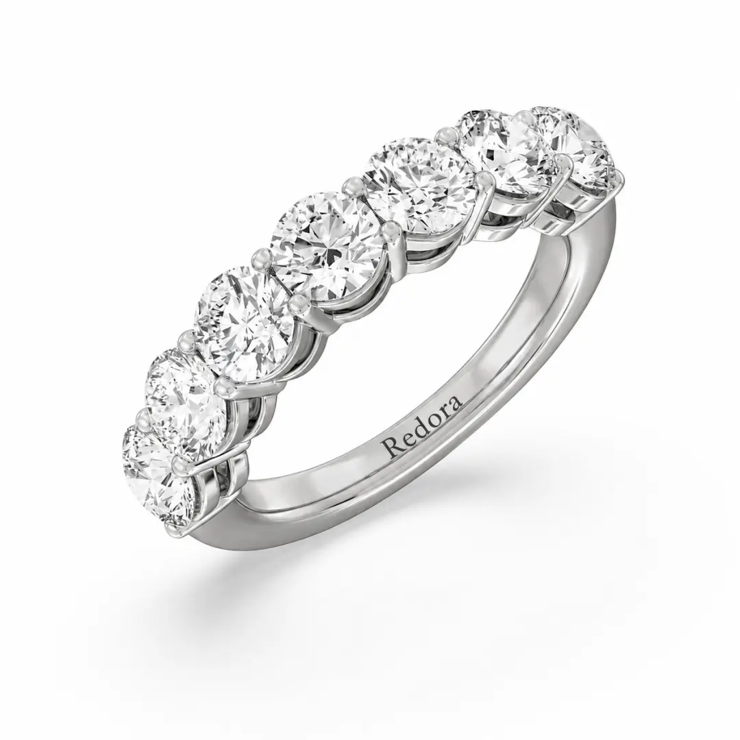 seven stone round diamond anniversary ring in 18k white gold, shared prong band