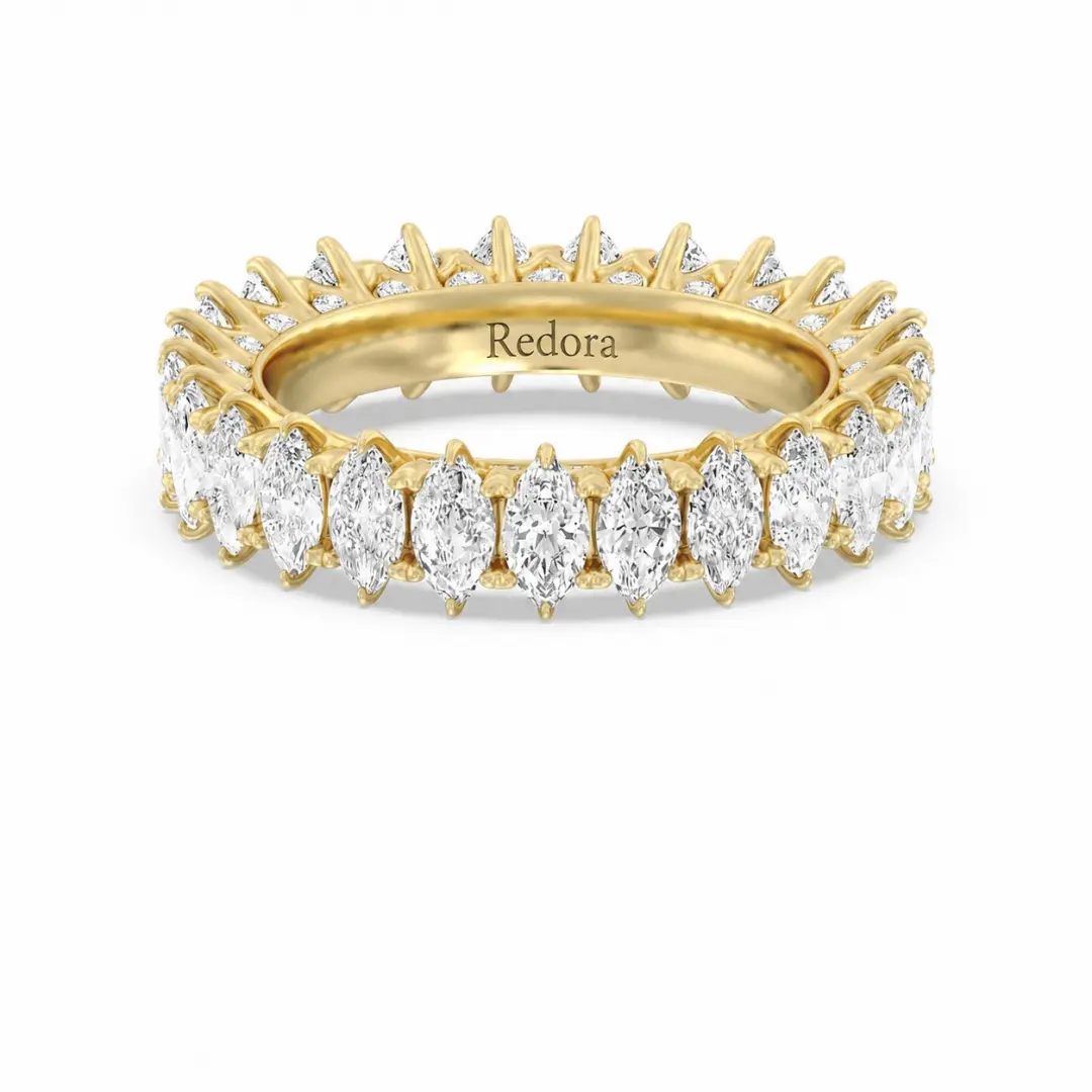 18k yellow gold marquise diamond eternity ring with split prong set marquise and round lab diamonds