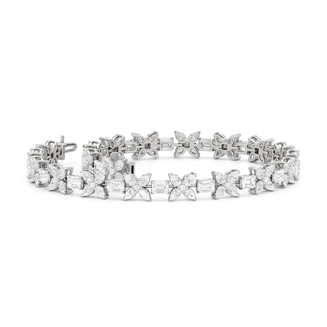 Wildflower lab grown diamond butterfly bracelet in 18K white gold with marquise round and emerald cut diamonds