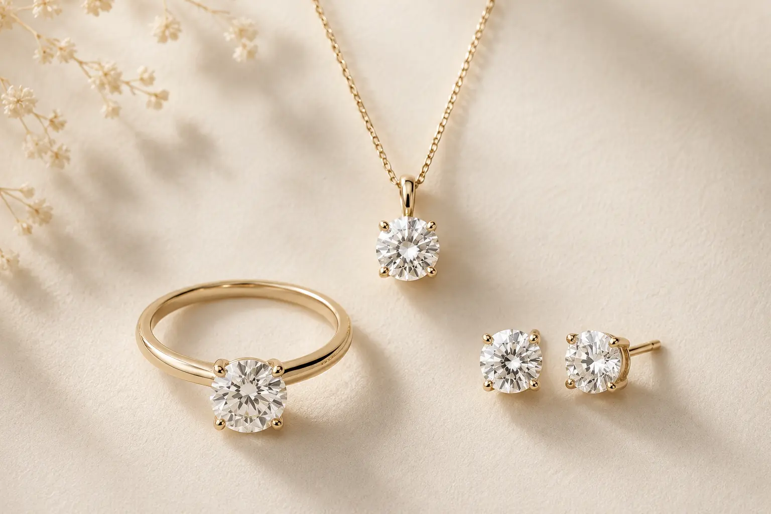 Flat lay of multiple lab-grown diamond jewelry pieces including a ring, pendant, and earrings arranged on a neutral cream background