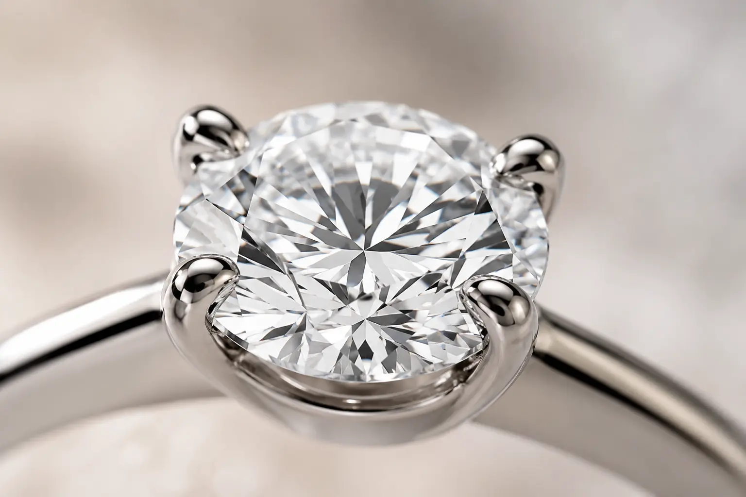 Macro close-up of a lab-grown diamond prong setting showing metal construction and stone seat detail on a blurred neutral backdrop