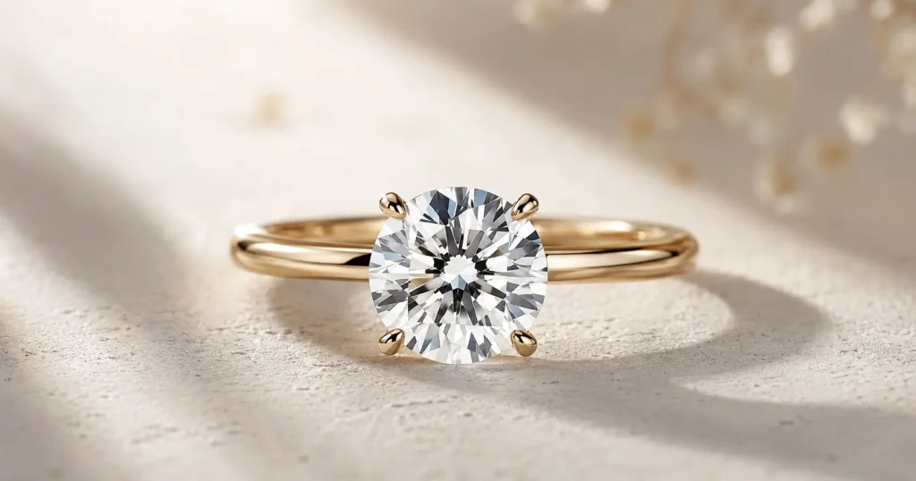 Close-up of a lab-grown diamond solitaire engagement ring on a matte ivory surface, showing stone brilliance and setting detail