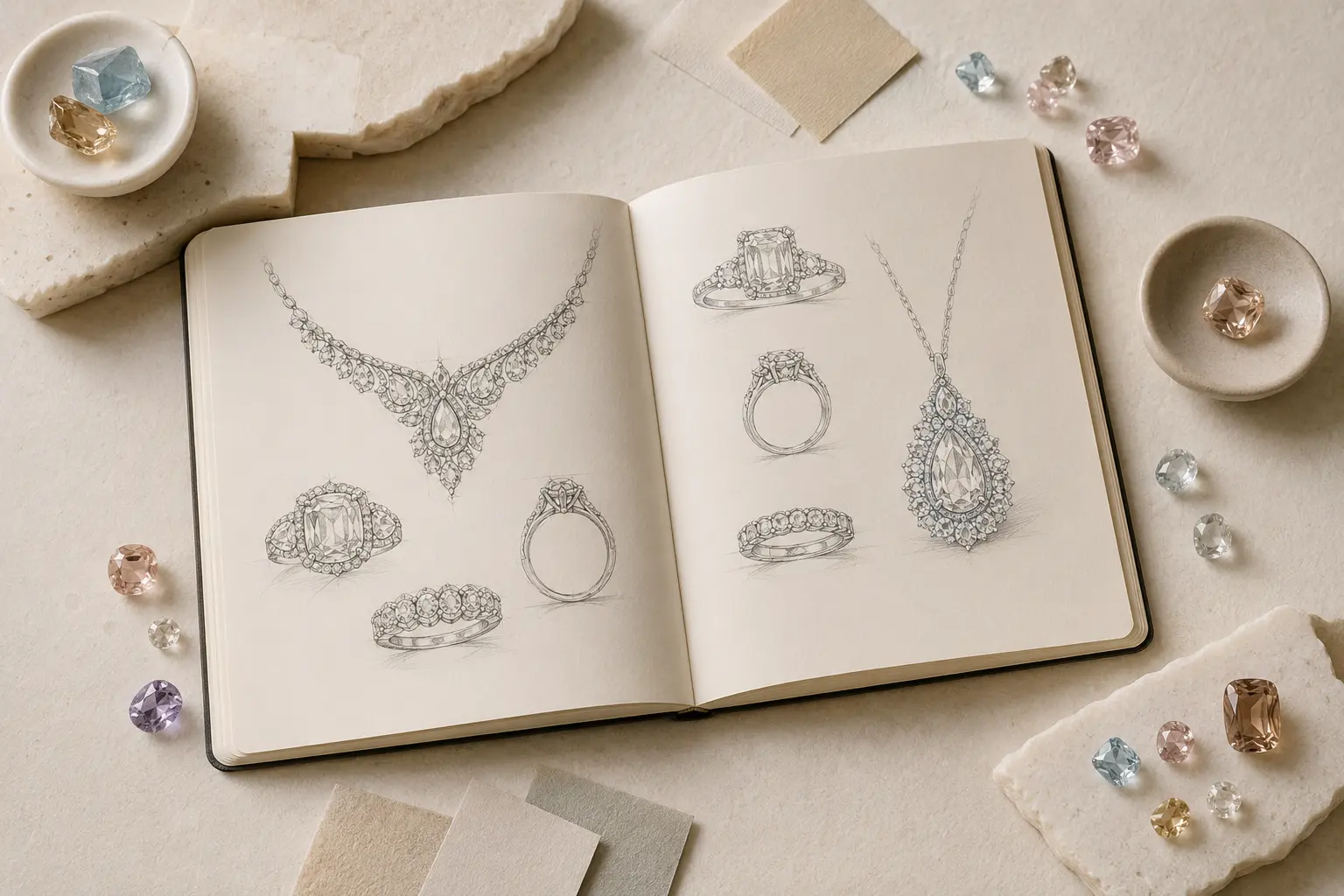 Custom jewelry process consultation with sketches, ring references and early design planning