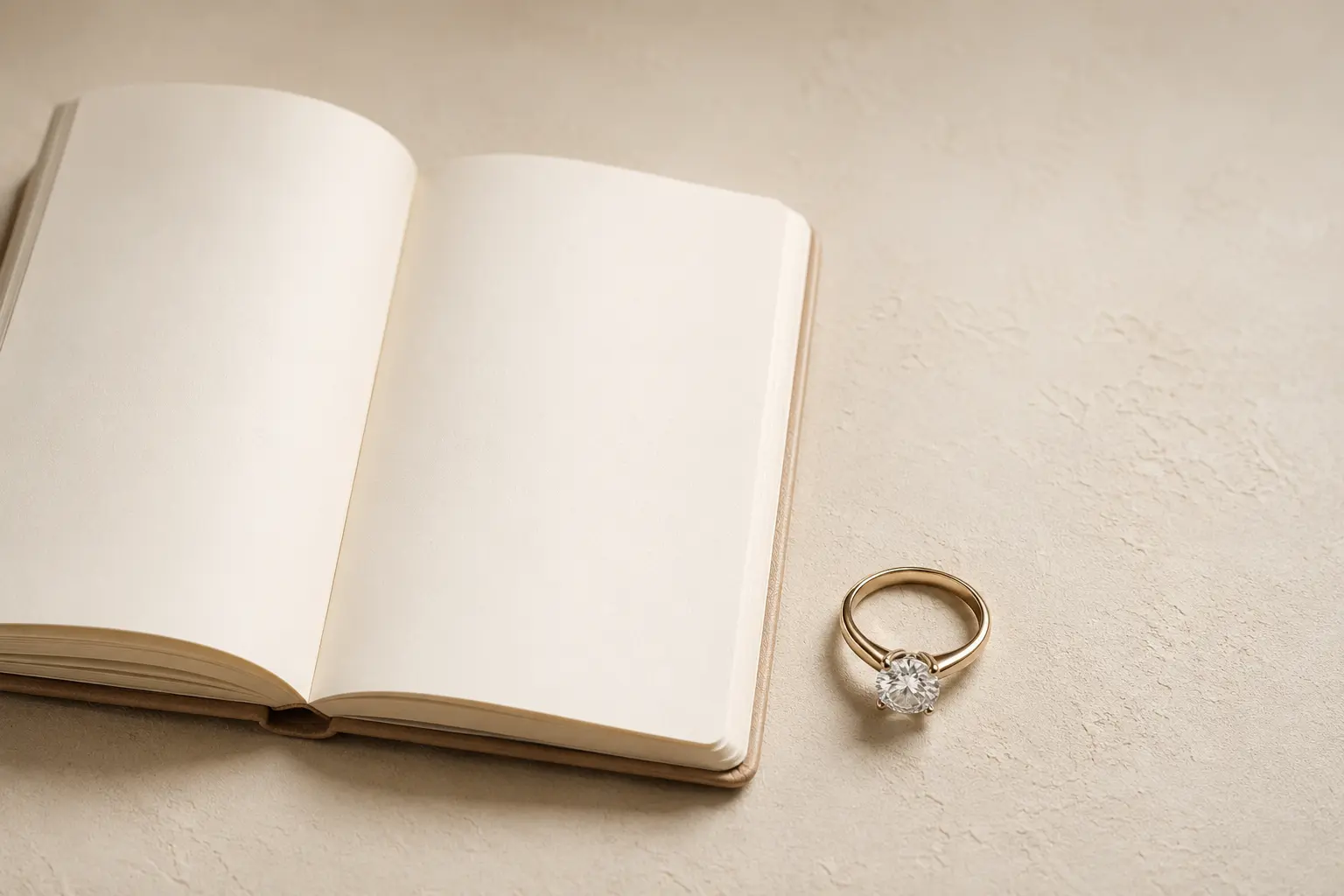 Engagement ring buying guide flat lay: a diamond ring beside a notebook and pen for budget planning on a neutral surface